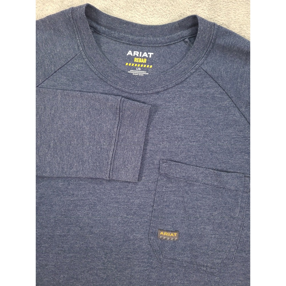Ariat Rebar Mens Lg Blue Long Sleeve Cotton Strong Pocket T-Shirt Arm Spellout